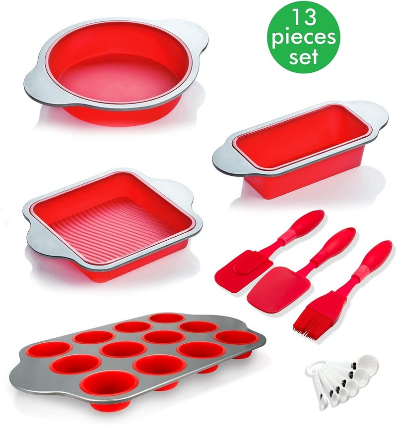 Boxiki Kitchen 13-Piece Non-Stick Silicone Bakeware Set with Cake Pan, Brownie Pan, Loaf Pan, Muffin Mold, Spatulas, Brush, and Measuring Spoons - Oven, Freezer and Dishwasher Safe - Image 3
